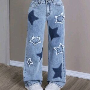 SHEIN Size 32 Blue Star Patch Wide Leg Distressed Jeans NWOT